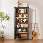 Bibliothèque Mid-Century, Étagère de rangement avec tablettes épaisses, 5 niveaux et 4 portes, Bibliothèque de présentation de style rustique pour salon, bureau