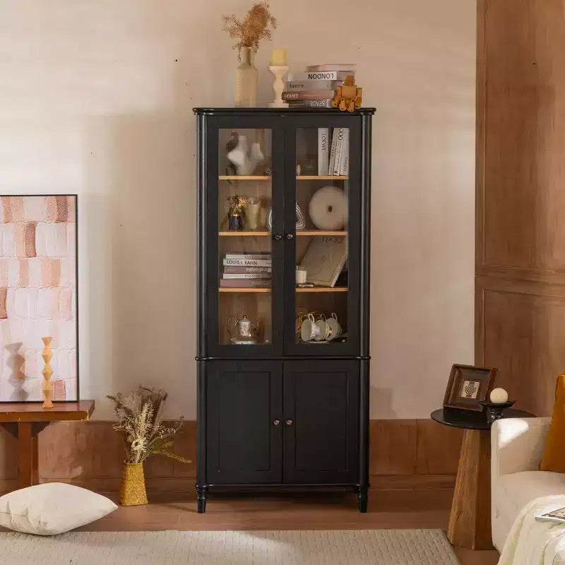 Bibliothèque Mid-Century, Étagère de rangement avec tablettes épaisses, 5 niveaux et 4 portes, Bibliothèque de présentation de style rustique pour salon, bureau