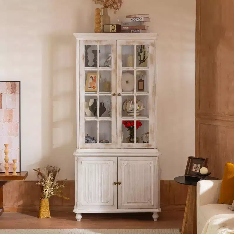 Bibliothèque Mid-Century, Étagère de rangement avec tablettes épaisses, 5 niveaux et 4 portes, Bibliothèque de présentation de style rustique pour salon, bureau