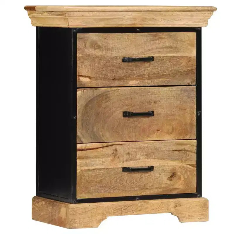 Commode à 3 tiroirs, marron, en bois de manguier massif avec accents en fer noir