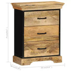 Commode à 3 tiroirs, marron, en bois de manguier massif avec accents en fer noir
