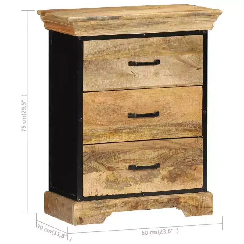 Commode à 3 tiroirs, marron, en bois de manguier massif avec accents en fer noir
