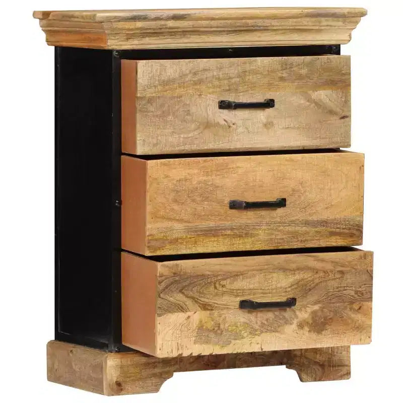 Commode à 3 tiroirs, marron, en bois de manguier massif avec accents en fer noir