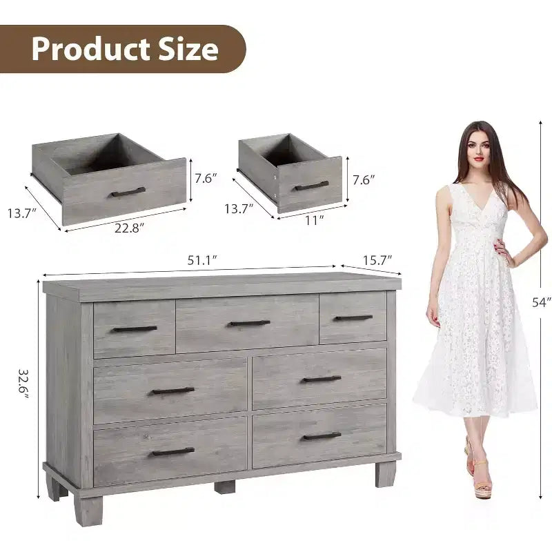 Commode 7 tiroirs avec poignées en métal – Noir, Chêne noir, Chêne naturel et Blanc