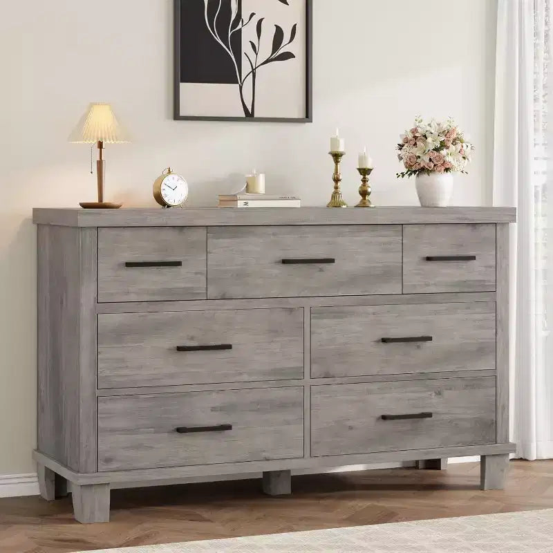 Commode 7 tiroirs avec poignées en métal – Noir, Chêne noir, Chêne naturel et Blanc
