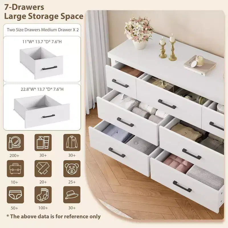 Commode 7 tiroirs avec poignées en métal – Noir, Chêne noir, Chêne naturel et Blanc