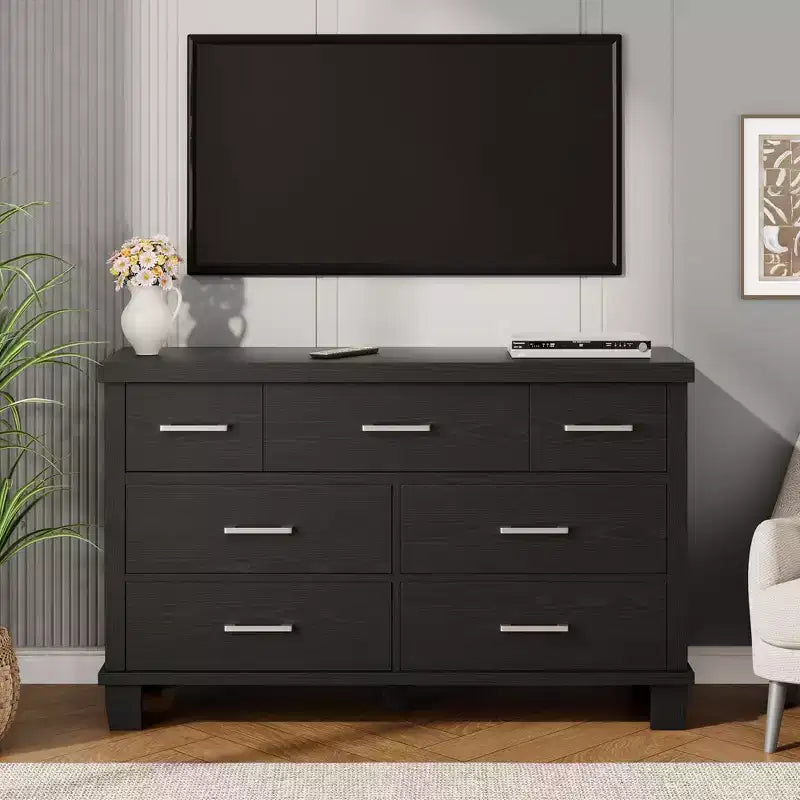 Commode 7 tiroirs avec poignées en métal – Noir, Chêne noir, Chêne naturel et Blanc
