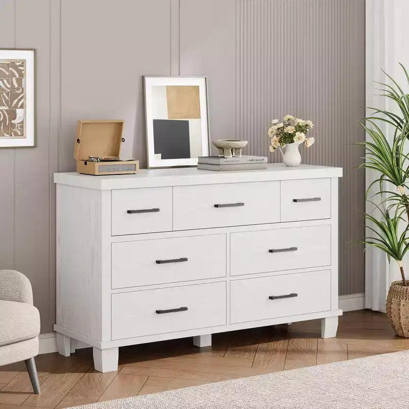 Commode 7 tiroirs avec poignées en métal – Noir, Chêne noir, Chêne naturel et Blanc
