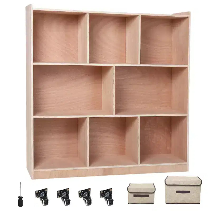 8-Cubby Mobile Entryway Storage Cabinet, 2 Storage Bins, Smooth-Rolling Casters, Wooden Organizer Locker for Home, School, Daycare