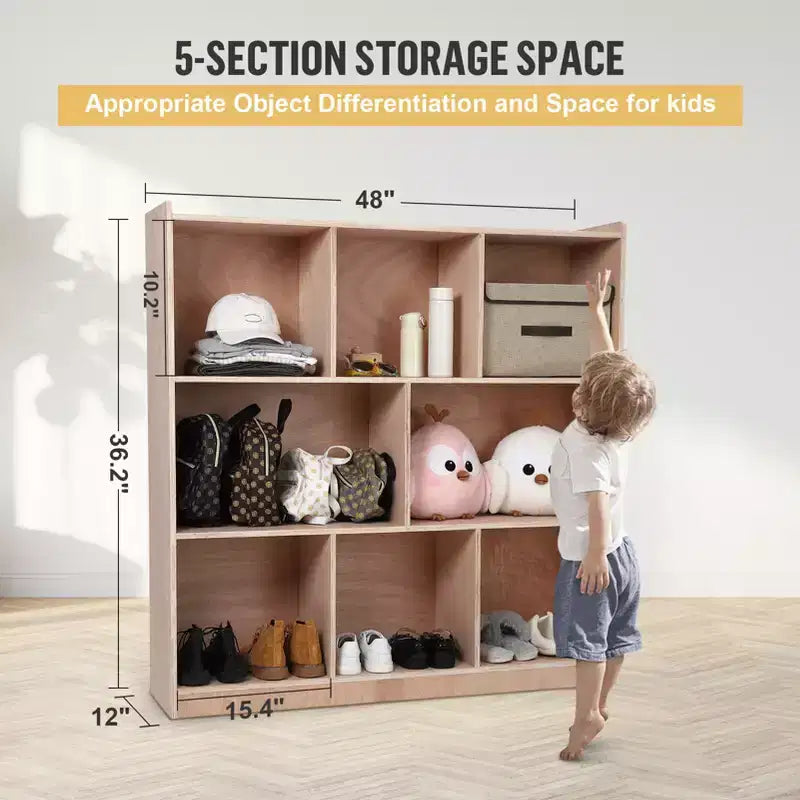 Meuble de rangement mobile à 8 casiers, 2 bacs de rangement, roulettes lisses, casier de rangement en bois pour la maison, l'école, la garderie
