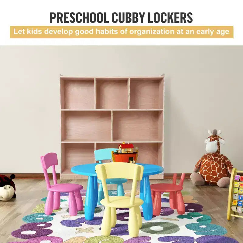 Meuble de rangement mobile à 8 casiers, 2 bacs de rangement, roulettes lisses, casier de rangement en bois pour la maison, l'école, la garderie