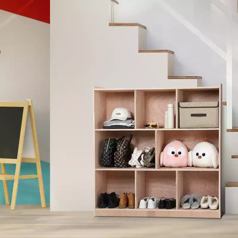 Meuble de rangement mobile à 8 casiers, 2 bacs de rangement, roulettes lisses, casier de rangement en bois pour la maison, l'école, la garderie