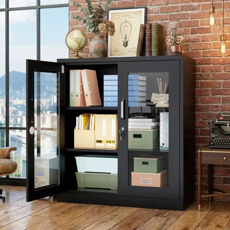Armoire de rangement en acier, noire, 2 portes vitrées avec trous pré-percés