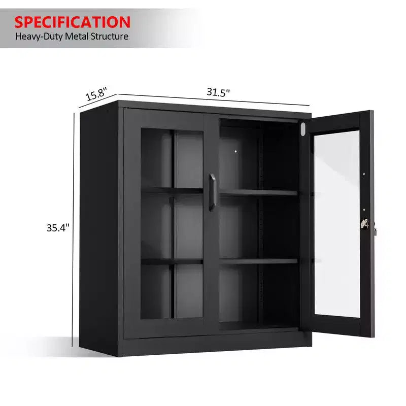 Armoire de rangement en acier, noire, 2 portes vitrées avec trous pré-percés