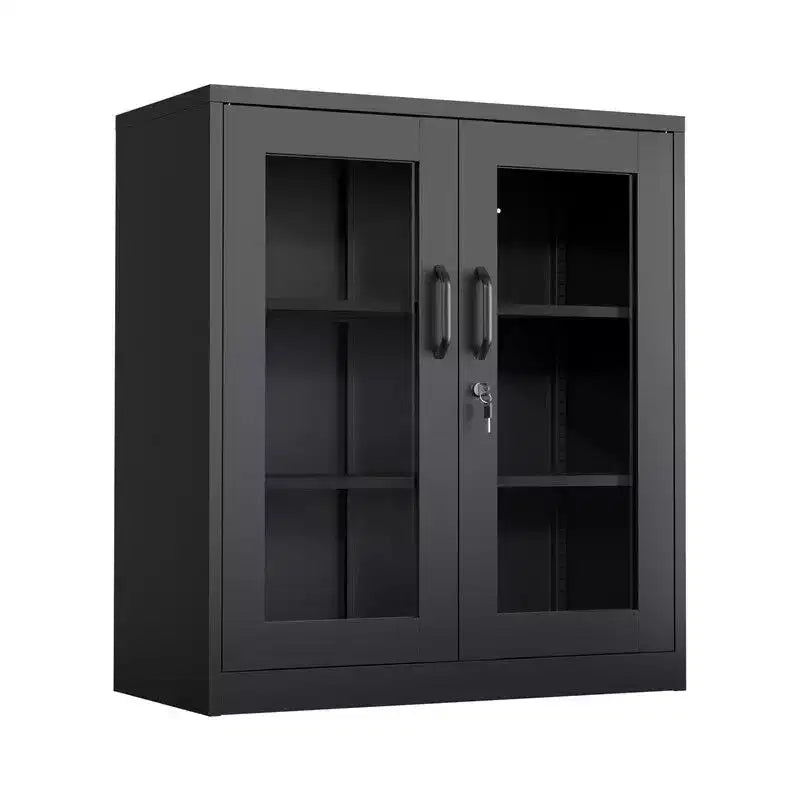 Armoire de rangement en acier, noire, 2 portes vitrées avec trous pré-percés