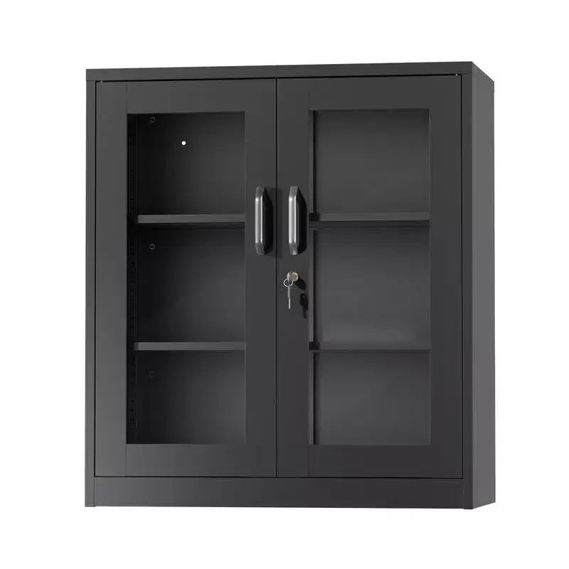 Armoire de rangement en acier, noire, 2 portes vitrées avec trous pré-percés