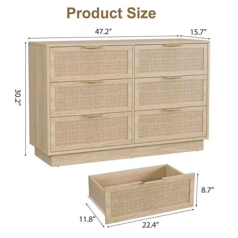 Commode en rotin à 6 tiroirs pour chambre à coucher, commode en bois avec poignée en métal, organisateur polyvalent moderne pour chambre à coucher, entrée, couloir