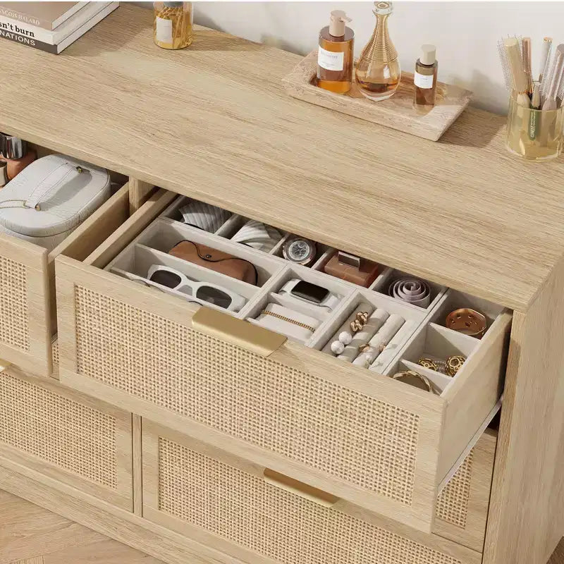 Commode en rotin à 6 tiroirs pour chambre à coucher, commode en bois avec poignée en métal, organisateur polyvalent moderne pour chambre à coucher, entrée, couloir