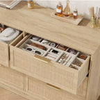 Commode en rotin à 6 tiroirs pour chambre à coucher, commode en bois avec poignée en métal, organisateur polyvalent moderne pour chambre à coucher, entrée, couloir