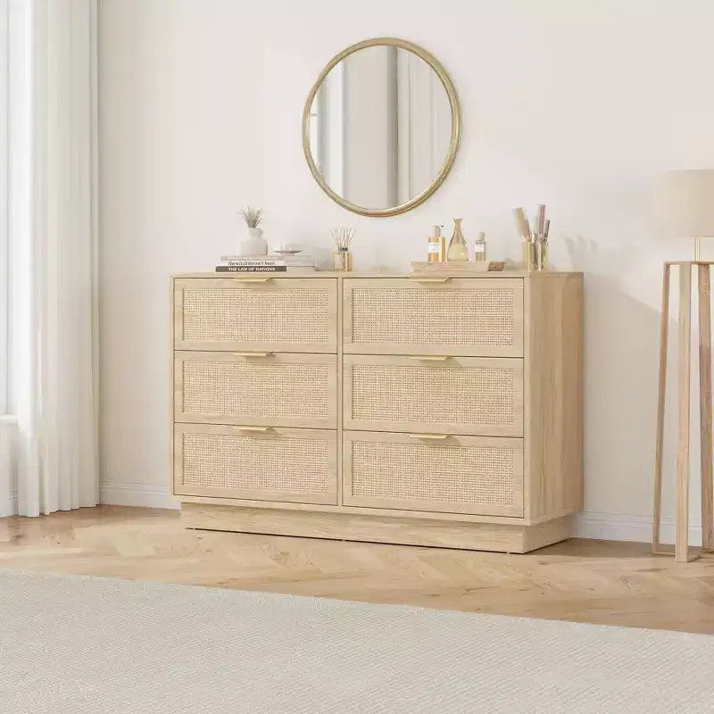 Commode en rotin à 6 tiroirs pour chambre à coucher, commode en bois avec poignée en métal, organisateur polyvalent moderne pour chambre à coucher, entrée, couloir