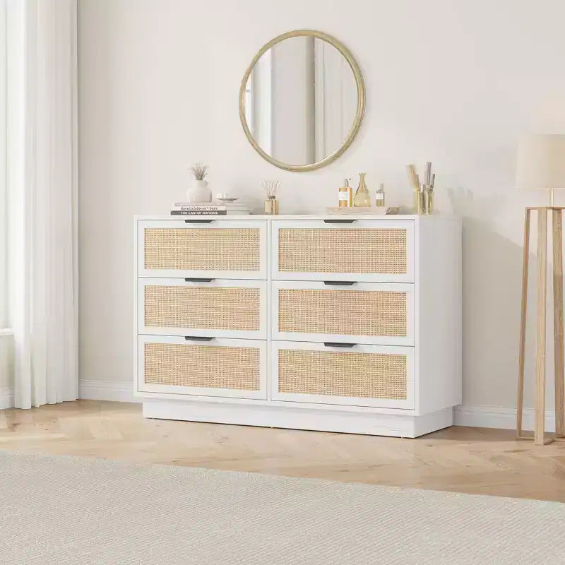 Commode en rotin à 6 tiroirs pour chambre à coucher, commode en bois avec poignée en métal, organisateur polyvalent moderne pour chambre à coucher, entrée, couloir