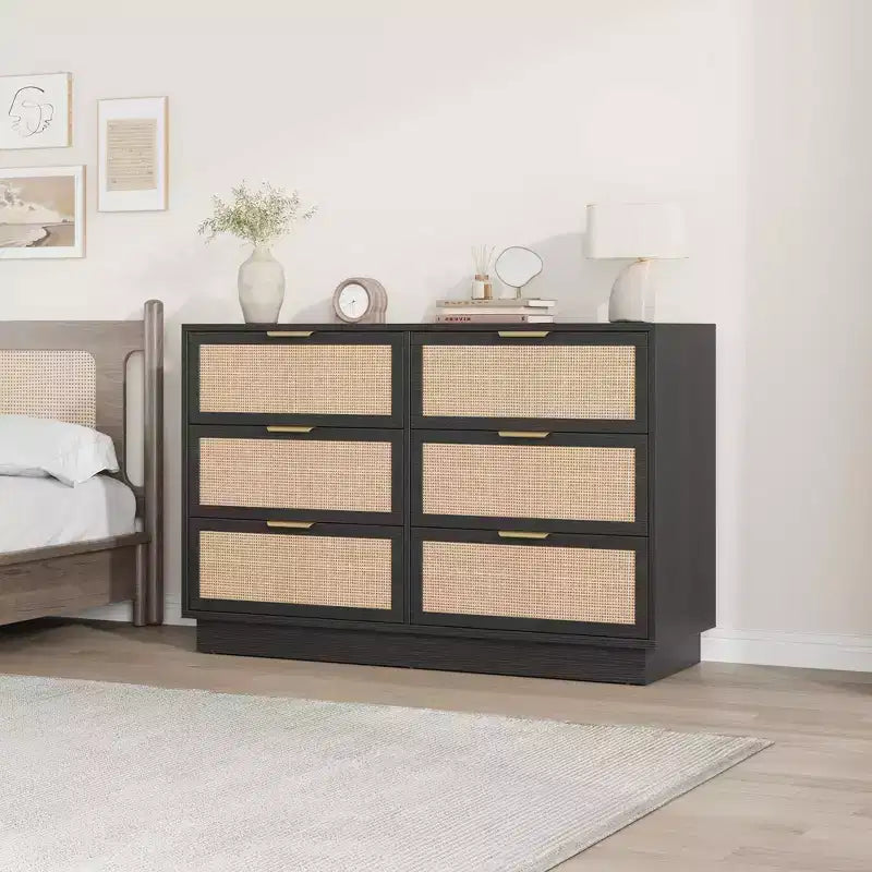 Commode en rotin à 6 tiroirs pour chambre à coucher, commode en bois avec poignée en métal, organisateur polyvalent moderne pour chambre à coucher, entrée, couloir