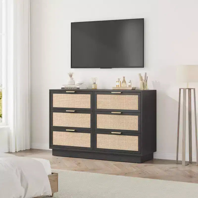 Commode en rotin à 6 tiroirs pour chambre à coucher, commode en bois avec poignée en métal, organisateur polyvalent moderne pour chambre à coucher, entrée, couloir