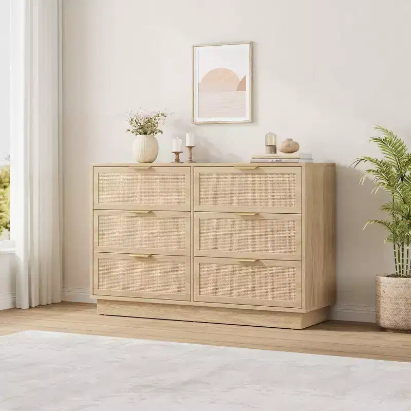 Commode en rotin à 6 tiroirs pour chambre à coucher, commode en bois avec poignée en métal, organisateur polyvalent moderne pour chambre à coucher, entrée, couloir