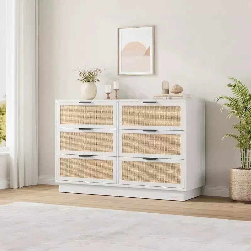 Commode en rotin à 6 tiroirs pour chambre à coucher, commode en bois avec poignée en métal, organisateur polyvalent moderne pour chambre à coucher, entrée, couloir