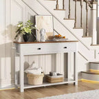 Console de style campagnard à deux niveaux avec tiroirs, table d'appoint étroite pour entrée, salon ou couloir - Blanche
