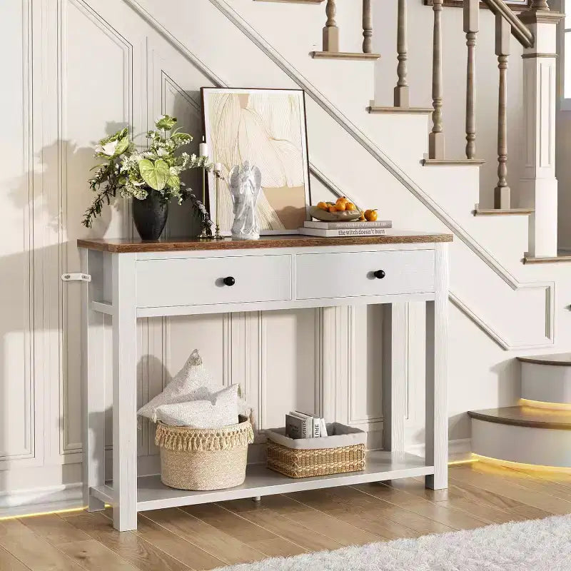 Console de style campagnard à deux niveaux avec tiroirs, table d'appoint étroite pour entrée, salon ou couloir - Blanche