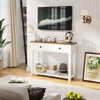 Console de style campagnard à deux niveaux avec tiroirs, table d'appoint étroite pour entrée, salon ou couloir - Blanche