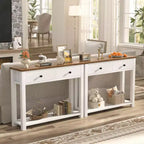 Console de style campagnard à deux niveaux avec tiroirs, table d'appoint étroite pour entrée, salon ou couloir - Blanche