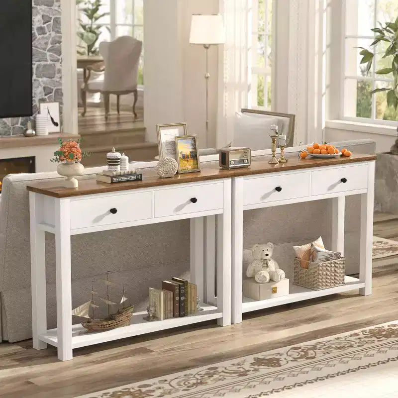 Console de style campagnard à deux niveaux avec tiroirs, table d'appoint étroite pour entrée, salon ou couloir - Blanche