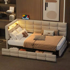 Lit de repos capitonné taille double avec 2 tiroirs, station de recharge, lumières LED et tête de lit avec rangement