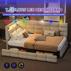 Lit de repos capitonné taille double avec 2 tiroirs, station de recharge, lumières LED et tête de lit avec rangement
