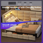 Lit de repos capitonné taille double avec 2 tiroirs, station de recharge, lumières LED et tête de lit avec rangement