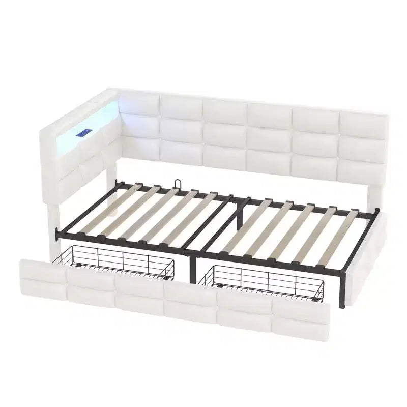 Lit de repos capitonné taille double avec 2 tiroirs, station de recharge, lumières LED et tête de lit avec rangement