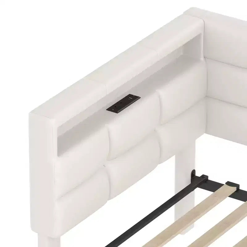 Lit de repos capitonné taille double avec 2 tiroirs, station de recharge, lumières LED et tête de lit avec rangement