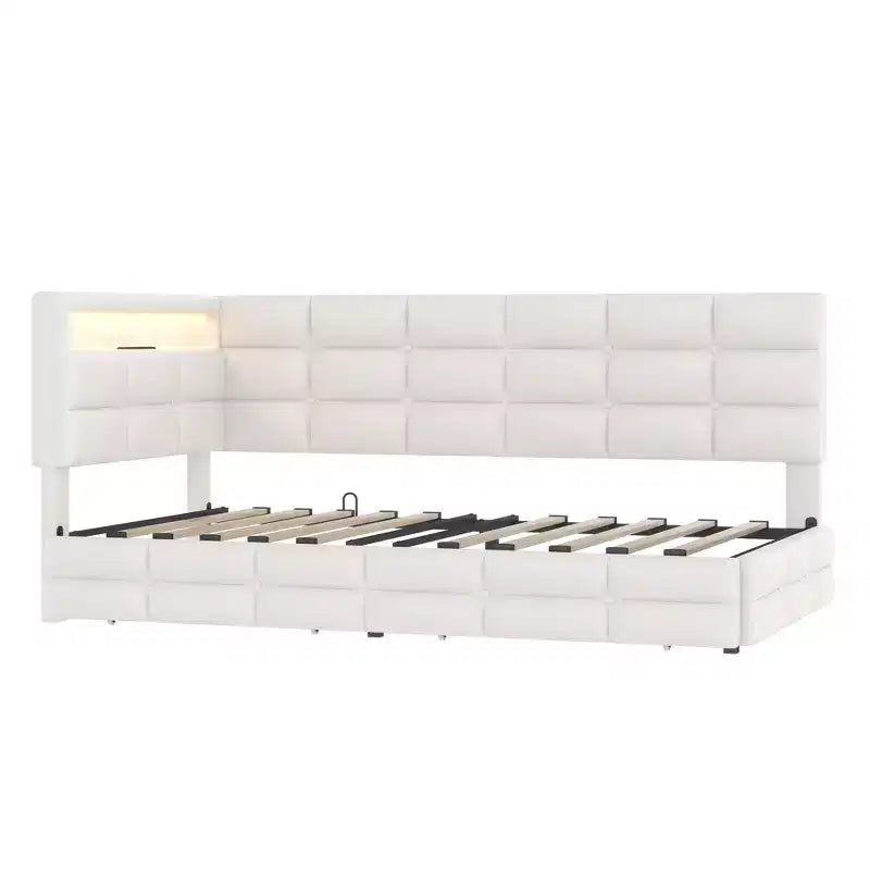 Lit de repos capitonné taille double avec 2 tiroirs, station de recharge, lumières LED et tête de lit avec rangement