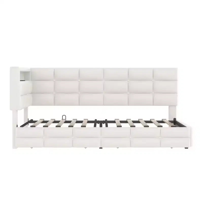 Lit de repos capitonné taille double avec 2 tiroirs, station de recharge, lumières LED et tête de lit avec rangement