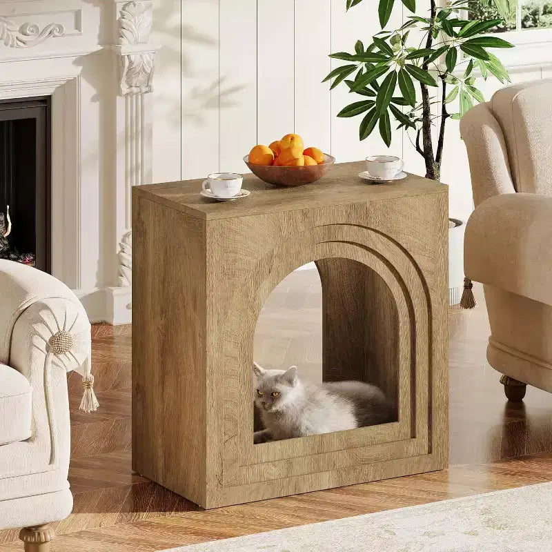 Table d'appoint carrée, table d'appoint de ferme à 2 niveaux avec étagère ouverte arquée pour petits espaces, salon