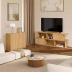 Meuble TV compact à 2 niveaux, console de rangement mixte avec armoires et étagères ouvertes Marron