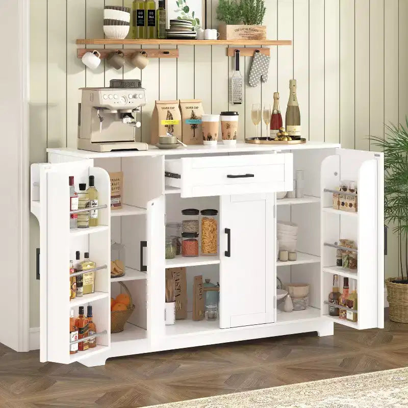 Meuble buffet avec 4 portes, rangement de cuisine avec tiroir, étagères réglables et crochets latéraux pour salle à manger