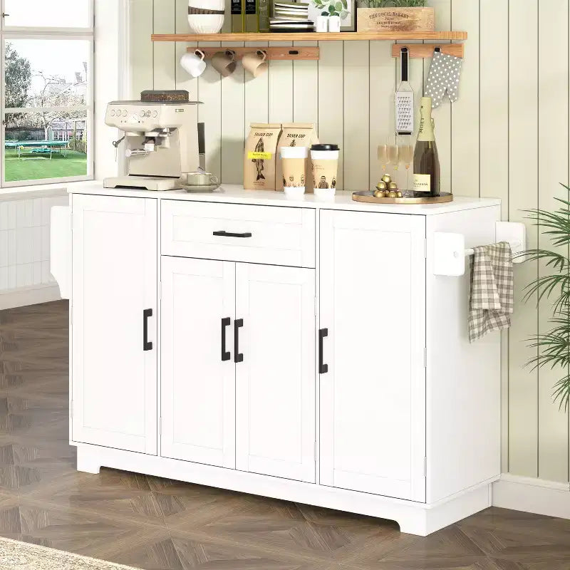 Meuble buffet avec 4 portes, rangement de cuisine avec tiroir, étagères réglables et crochets latéraux pour salle à manger
