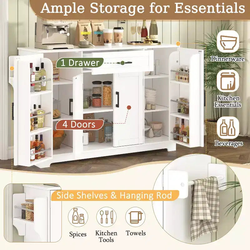 Meuble buffet avec 4 portes, rangement de cuisine avec tiroir, étagères réglables et crochets latéraux pour salle à manger