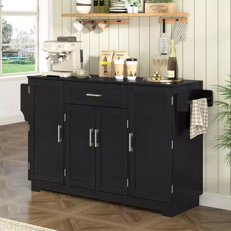 Meuble buffet avec 4 portes, rangement de cuisine avec tiroir, étagères réglables et crochets latéraux pour salle à manger