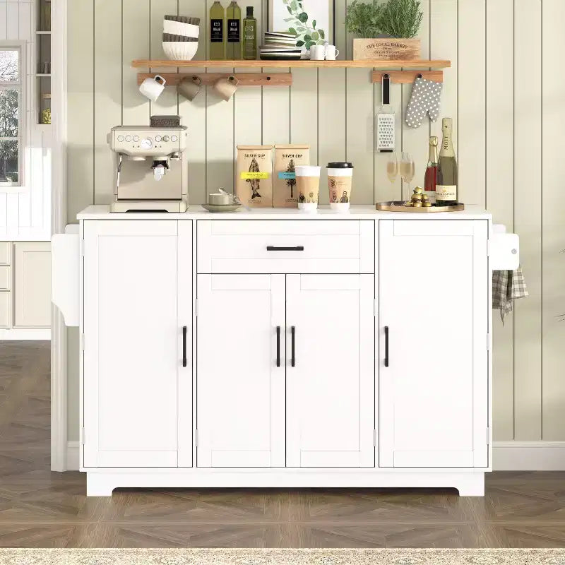 Meuble buffet avec 4 portes, rangement de cuisine avec tiroir, étagères réglables et crochets latéraux pour salle à manger