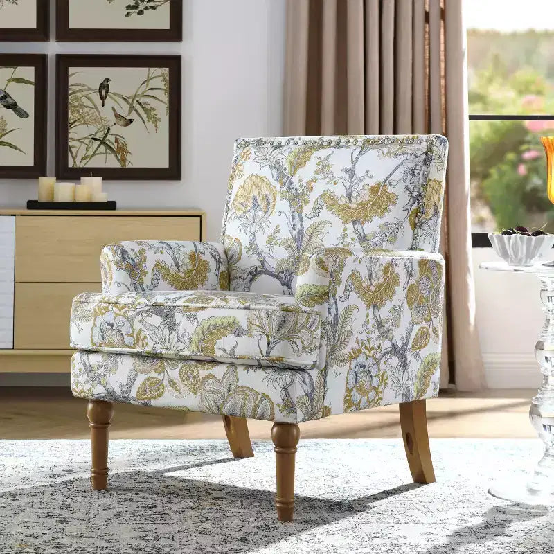 GDFStudio Joshua Contemporary Floral Upholstered Wood Accent Chair with Nailhead Trim