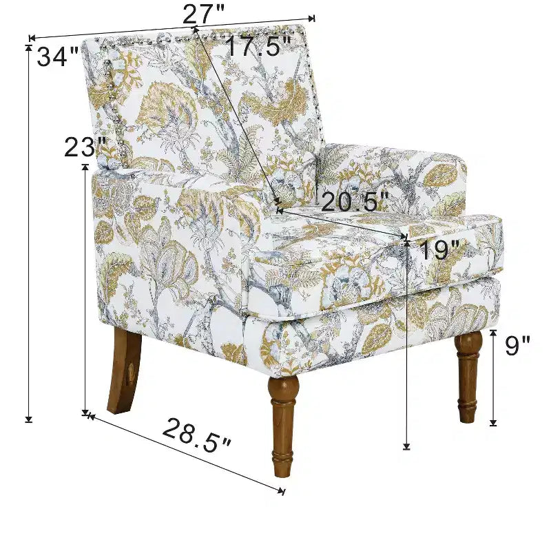 Fauteuil d'appoint contemporain en bois tapissé fleuri avec garniture cloutée